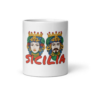 Tazza bianca lucida "Sicilia" con Teste di Moro